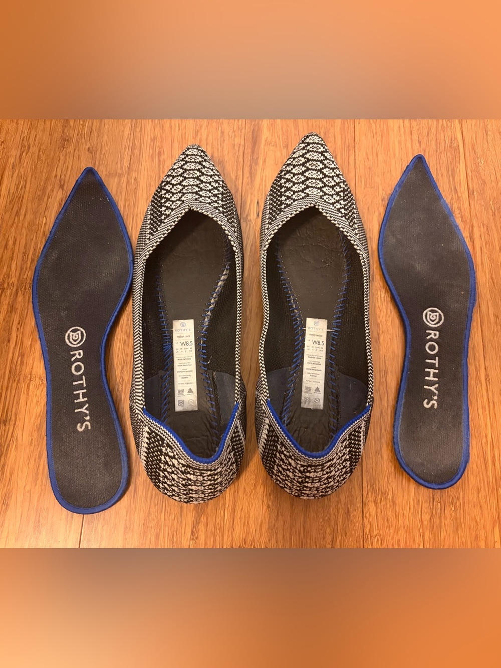 Rothy's Black & White Pointed Knit Flats with Cool Snake Print - Picture 10 of 11